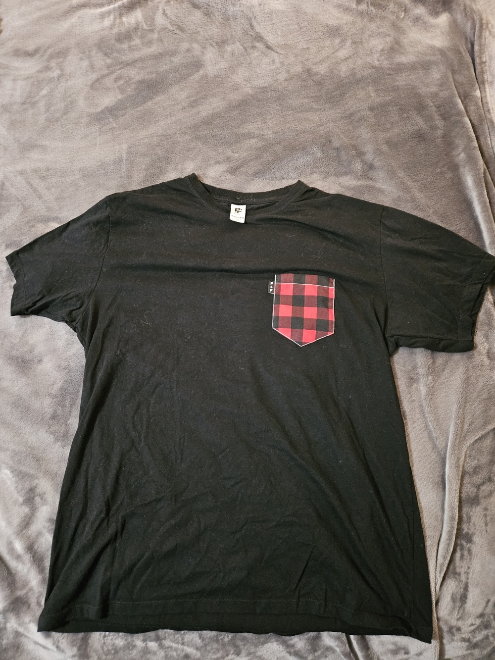 Black Short Sleeve Men's Tee with Red Plaid Chest Pocket
